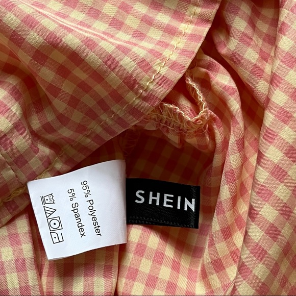 Shein Apricot Gingham Puff Sleeve Peplum Top - Picture 16 of 16
